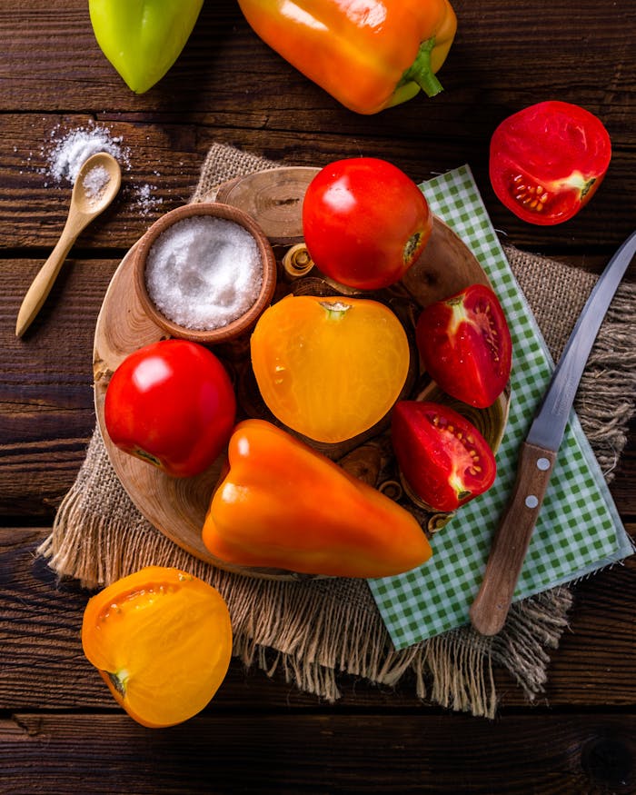 who-we-are Colorful tomatoes and peppers on a rustic wooden table with salt and knife.
