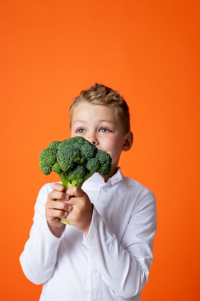 services-02 A cheerful young boy holds fresh broccoli, promoting healthy eating against a vibrant orange backdrop.